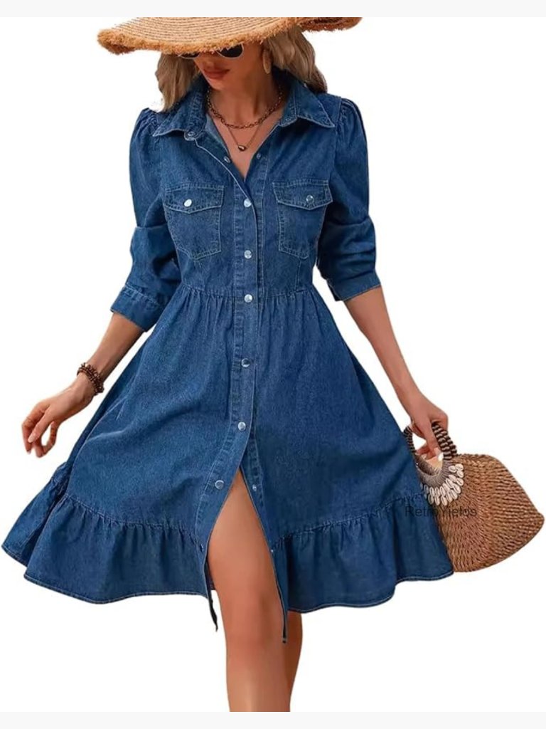Flowy Denim Midi Dress Puff Sleeve Button Down A-Line Swing Ruffle